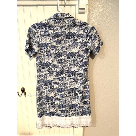 Navy Blue and White Toile Shirt Dress with Lace Hem - Picture 5 of 5